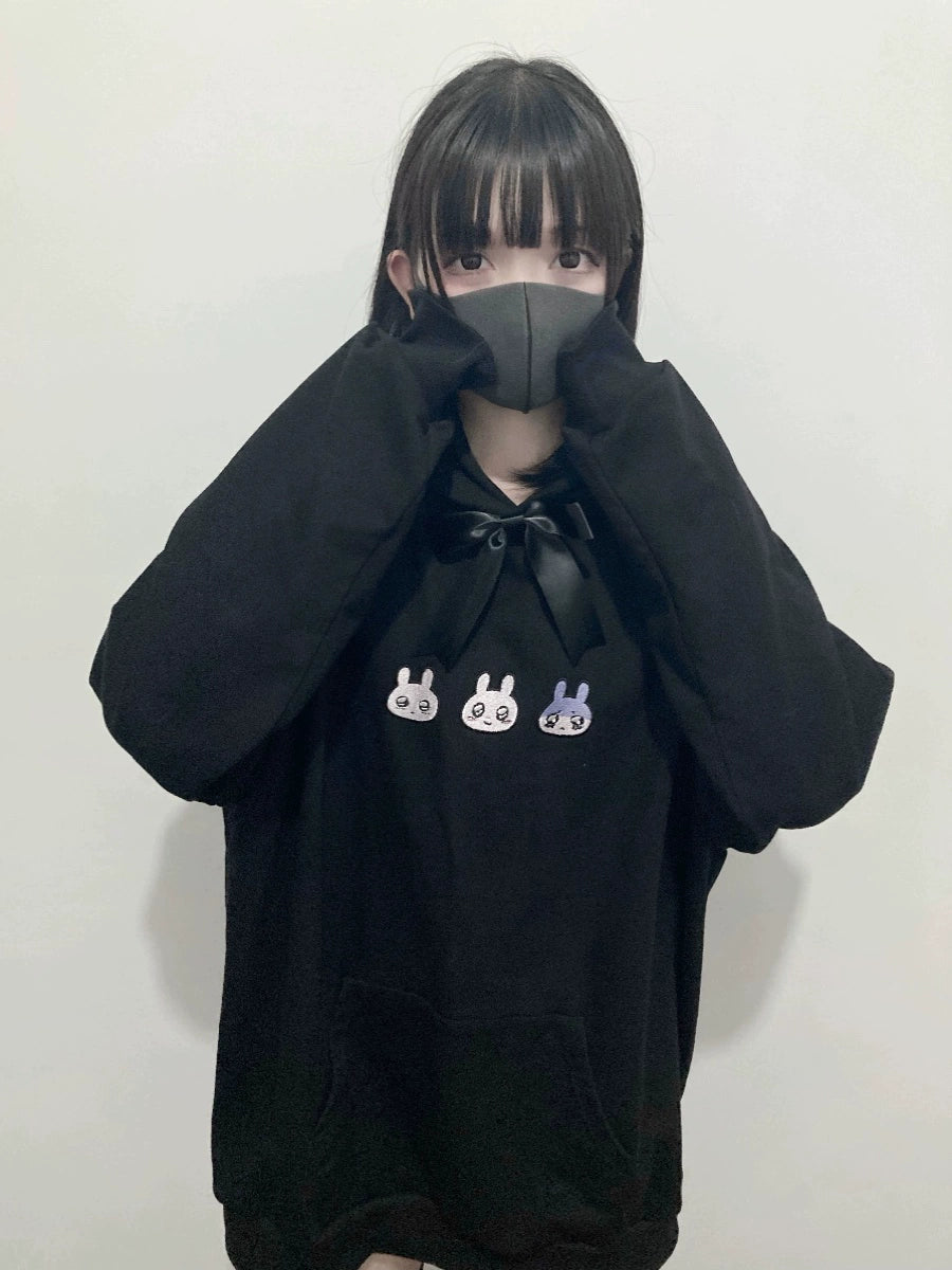Plus Size Jirai Kei Hoodie Cute Black hooded Sweatshirt 35264:485160