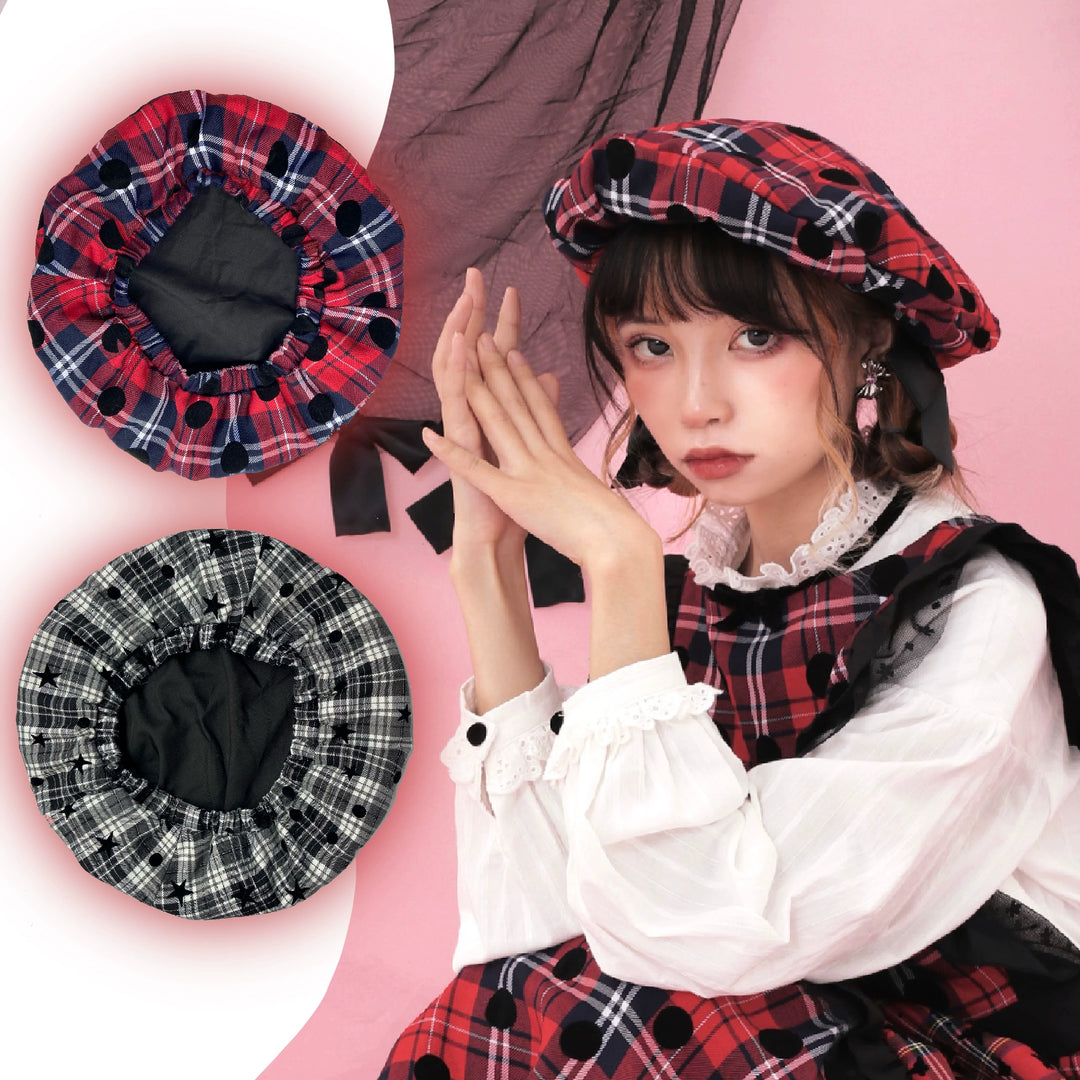 Kawaii Retro Showa Beret Plaid Star Polka Dot Hat 39484:634792