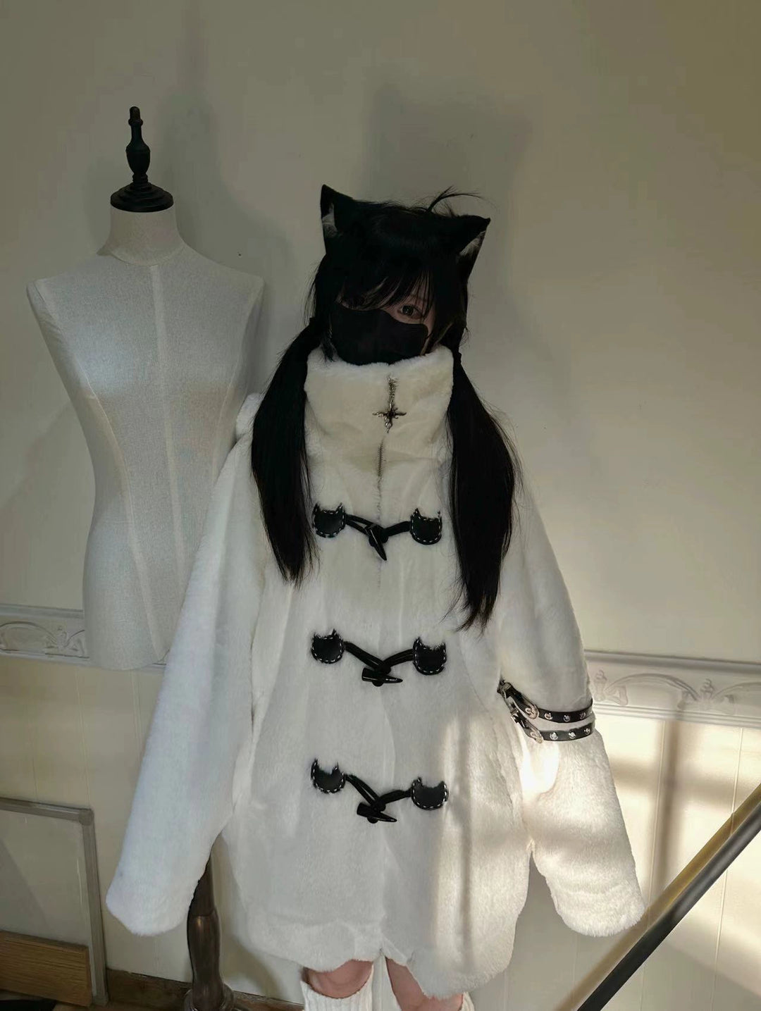 Plus Size Jirai Kei Coat Black White Winter Coat Cat Ear Hooded 40330:658292