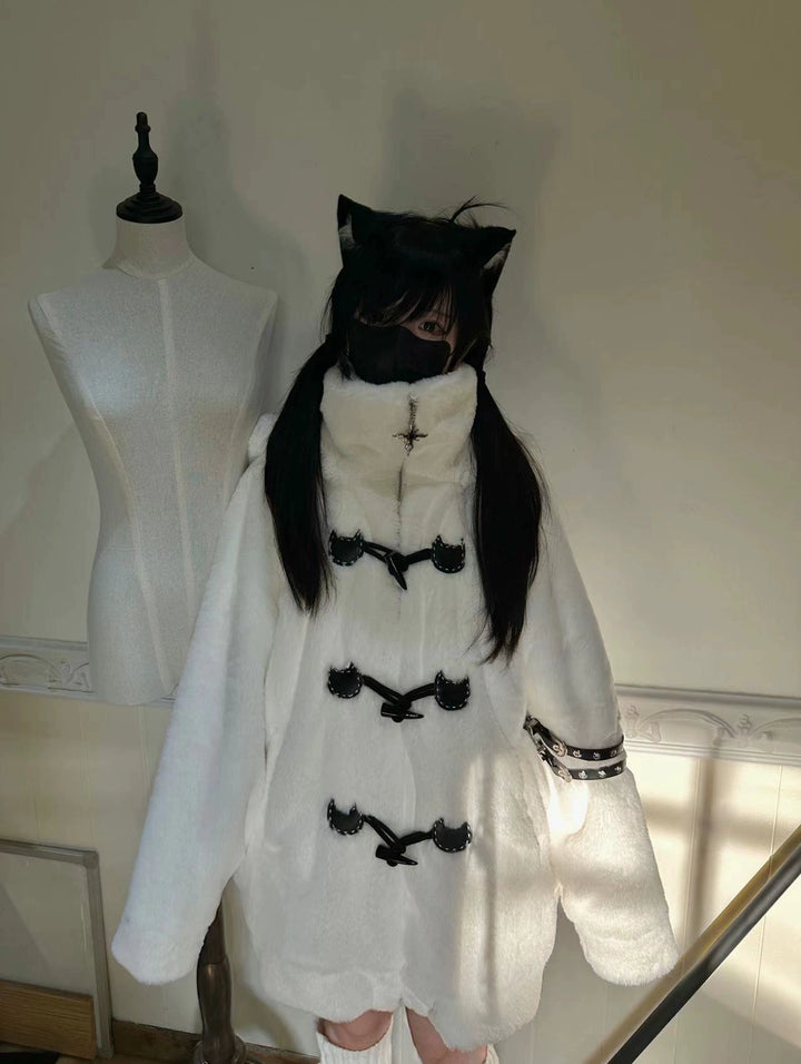 Plus Size Jirai Kei Coat Black White Winter Coat Cat Ear Hooded 40330:658292