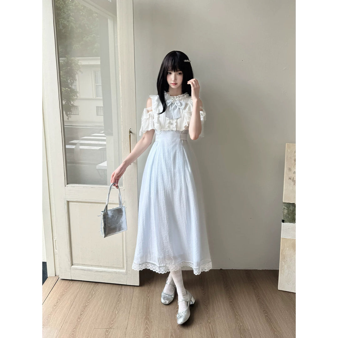 Seiso Kei Open Shoulder Dress, Blue & White Color Spliced (L M S) 45752:861377