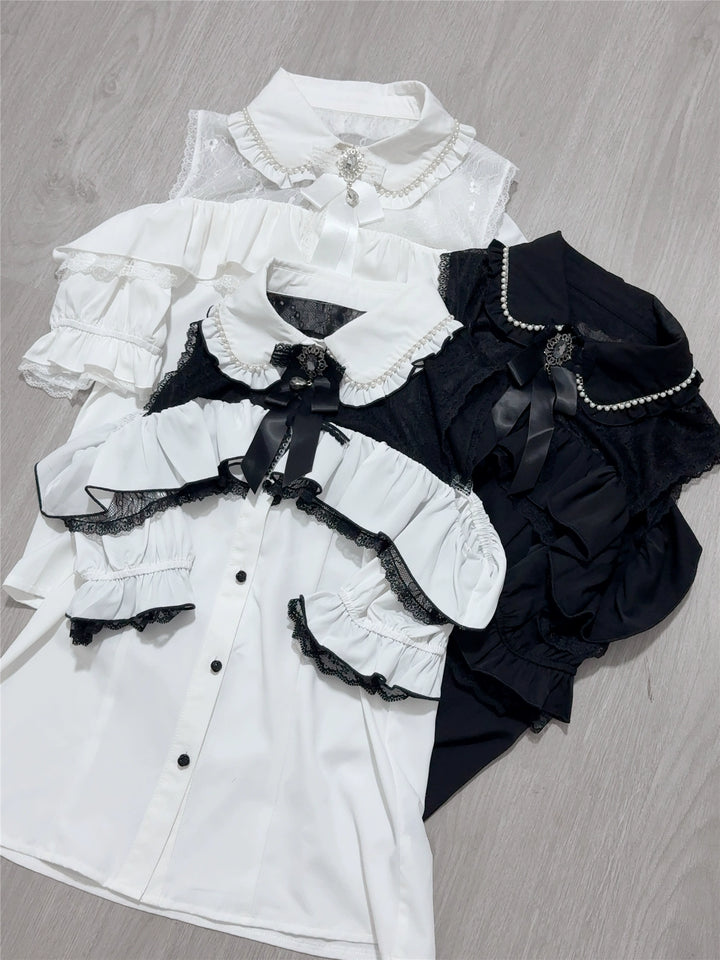 Jirai Kei Open Shoulder Lace Blouse, Pearl-Decorated Peter Pan Collar 43328:773841