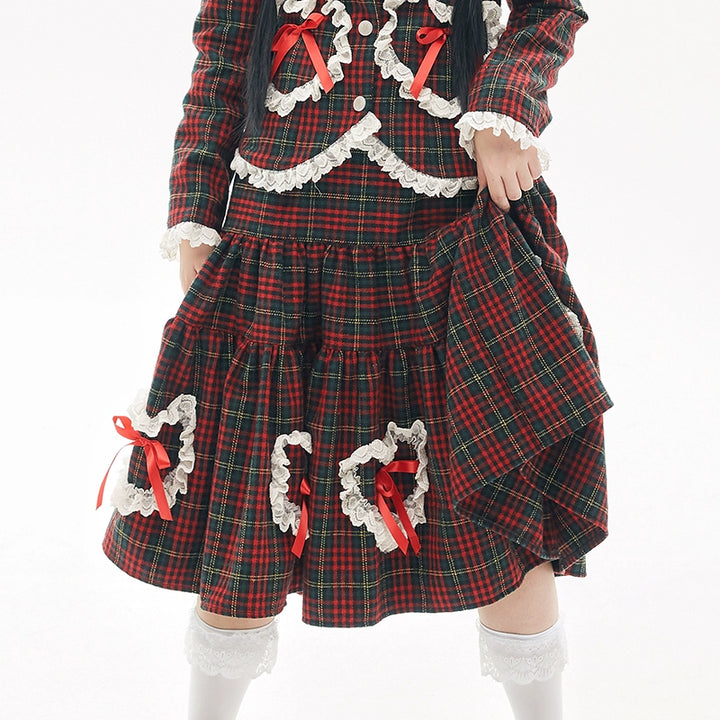 Retro Lolita Skirt Showa Christmas Winter Red Plaid Skirt 40316:662968