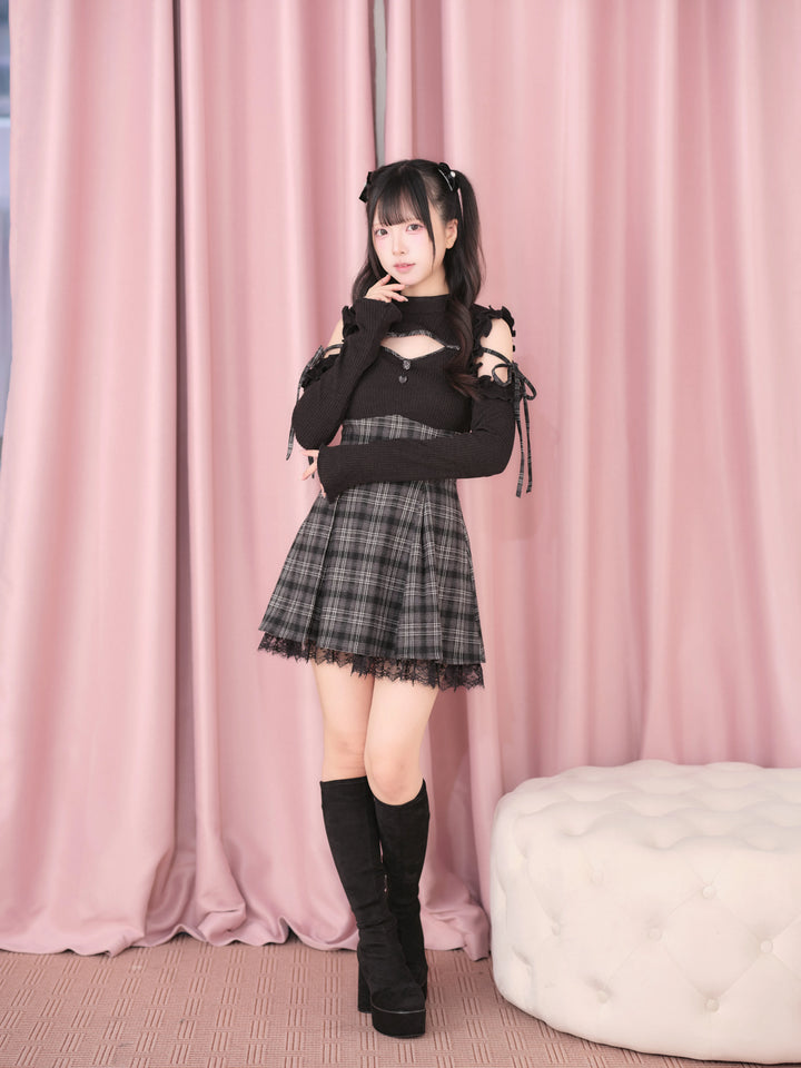 Jirai Kei Open Shoulder Plaid Dress, Chest Cutout 45957:869836