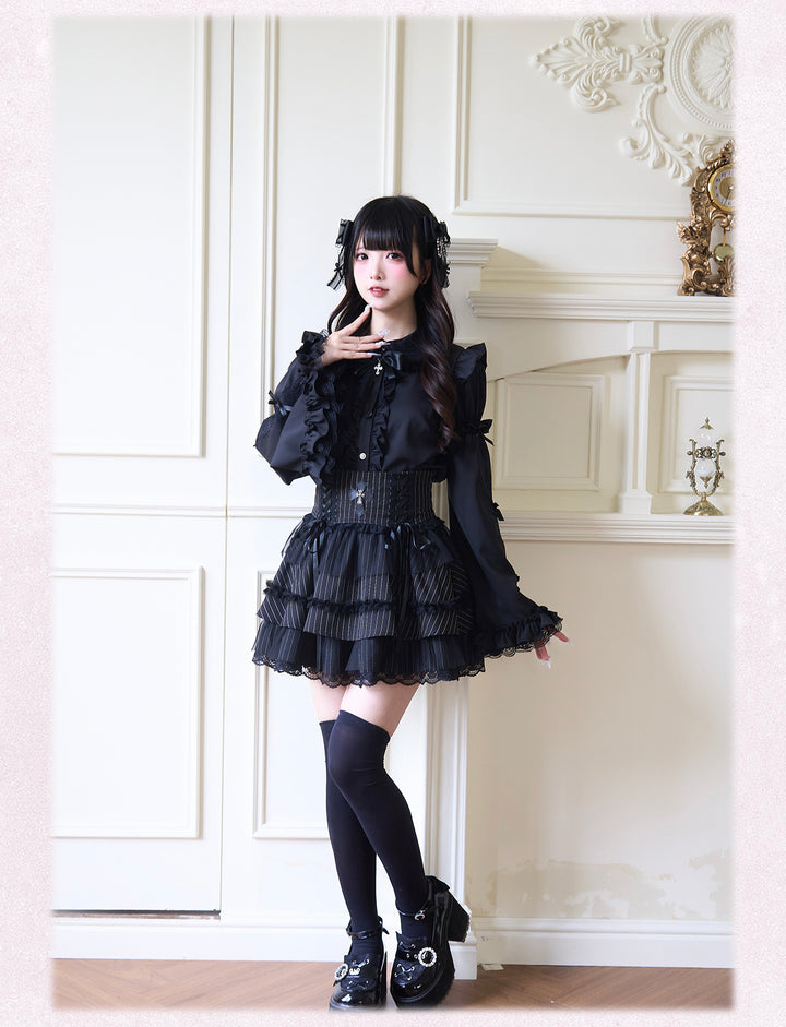 Ruffle Jirai Kei Blouse with Detachable Princess Sleeves And Bow 42522:743651