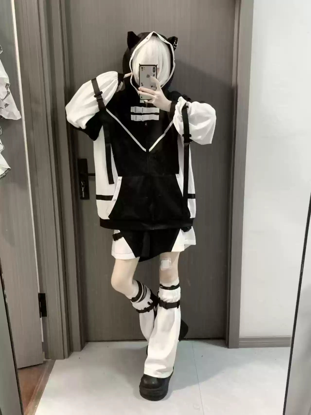 Cat Ears Jirai Kei Hoodie Jacket Black White Sports Full Set