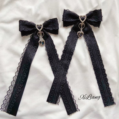 Handmade Lolita Hair Clip Black Lace Bow Rhinestone Hairpins 28906:358436