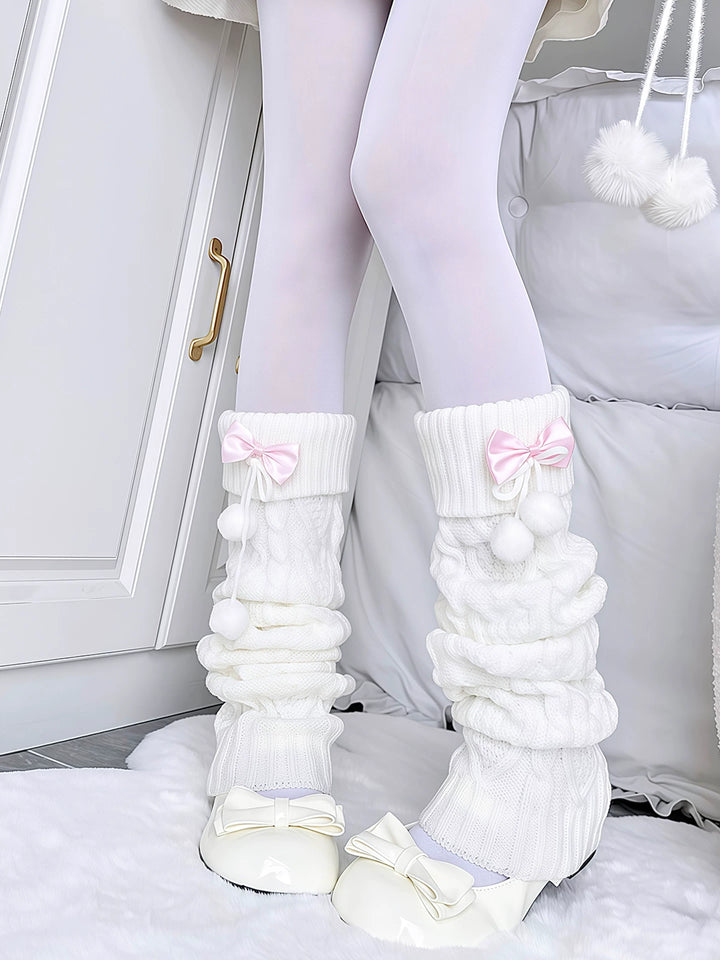 Knitted Winter Leg Warmers, Ribbon Bow and Pom-Poms 44479:816786