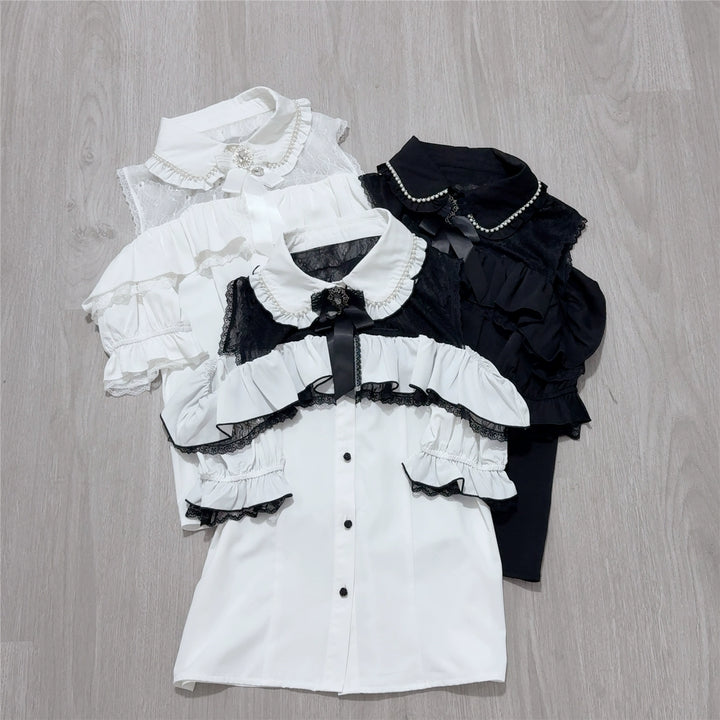Jirai Kei Open Shoulder Lace Blouse, Pearl-Decorated Peter Pan Collar (L M S XL) 43328:773844