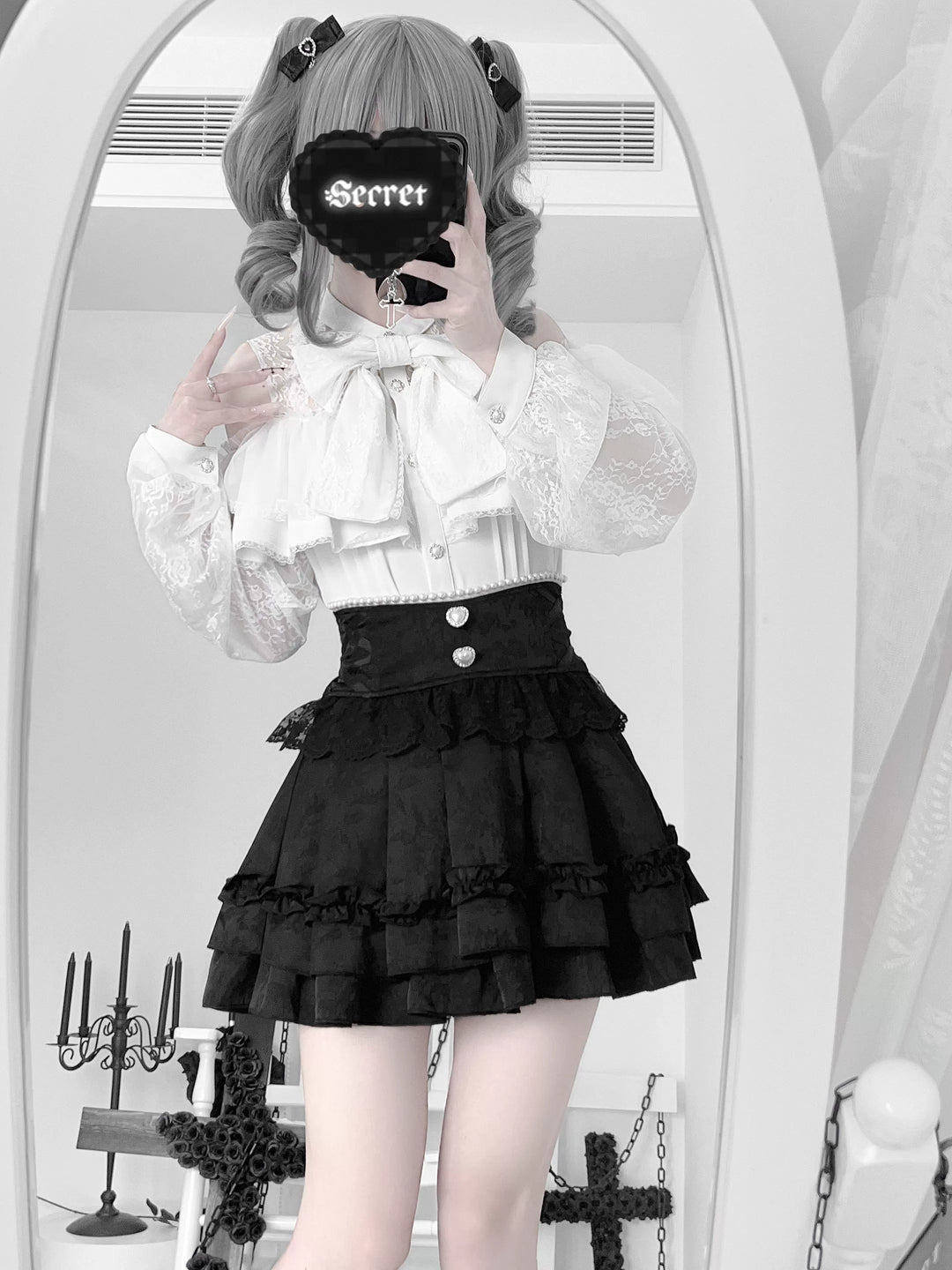 Open-shoulder Ryousangata Blouse, Sheer Lace Sleeves 44165:801609