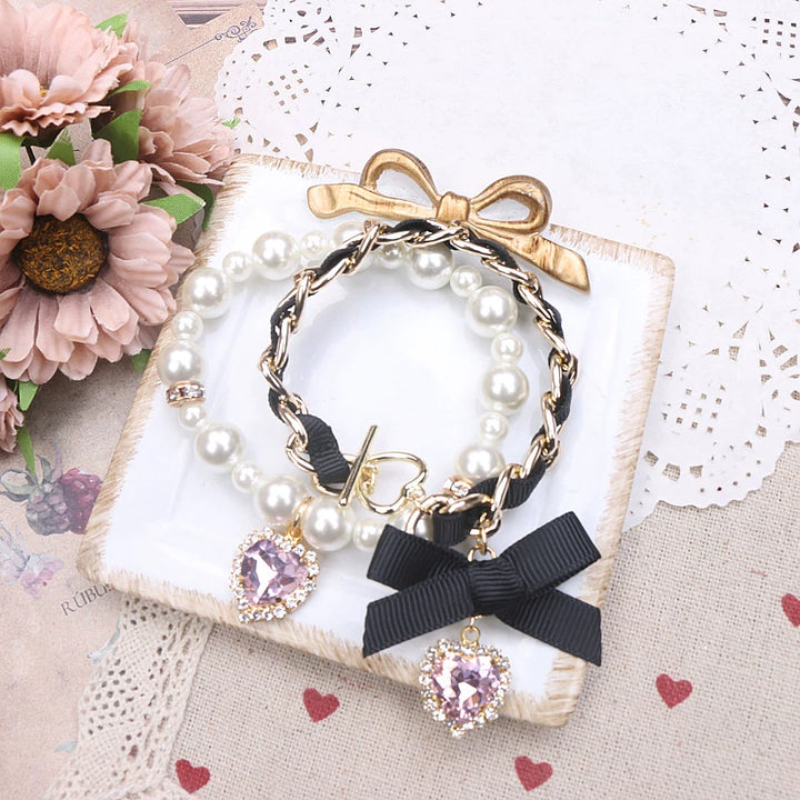 Jirai Kei Bracelets Pearl Hand Chain Double-layer Bracelets (Black) 38108:583122