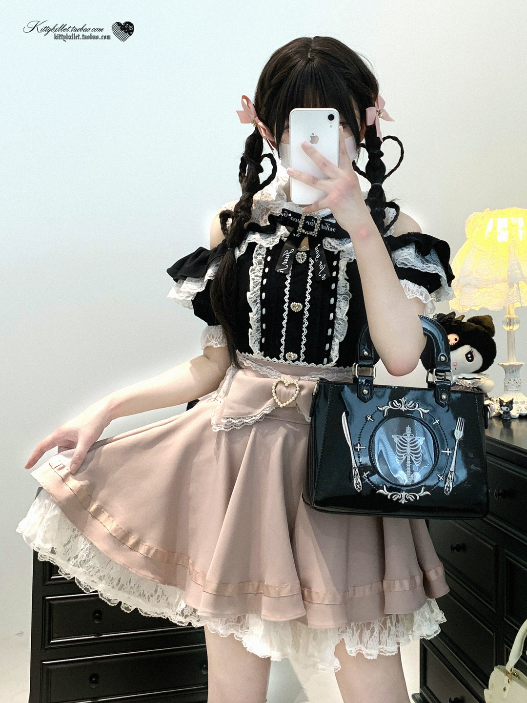 Lace Open Shoulder Jirai Kei Blouse, Heart Rhinestone 43692:783116