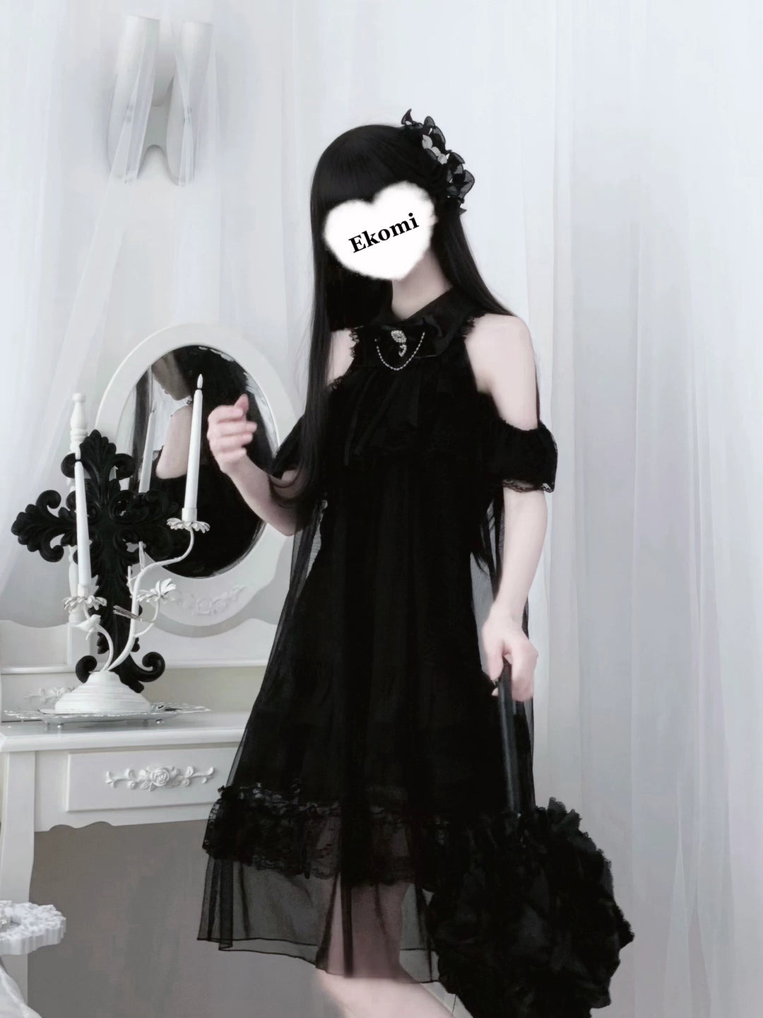 Seiso Kei Open Shoulder Dress, Black Tulle Overlay 45555:854188