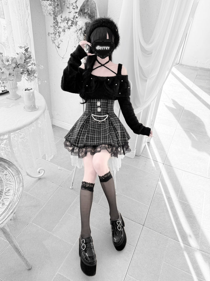 Jirai Kei Open-Shoulder Sweater, Faux Mink Plush 44156:797401