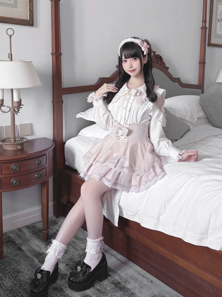 Jirai Kei Long Sleeve Blouse, Lace Open-Shoulder 44588:815114