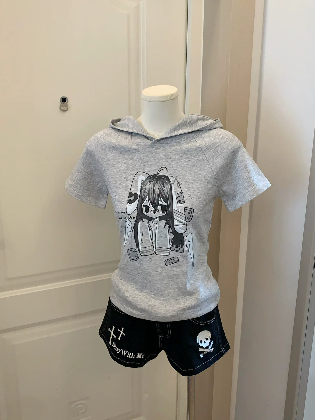 Kawaii Short Sleeve T-shirt, Bunny Ear Hooded Design (L M S) 45642:856620