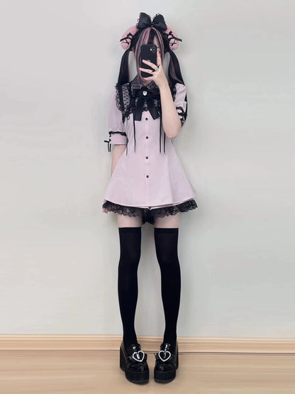 Jirai Kei Set Up Short Sleeve Lace Dress And Shorts Set 37462:559370