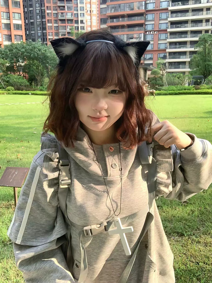 Jirai Kei Hoodie Lace-up Cat Ear Sweatshit Grey Top 39704:637020