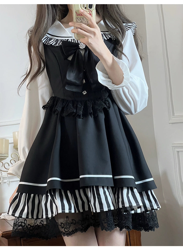 Jirai Kei Dress Set Sailor Collar Shirt And Black Vest Dress 41300:690676