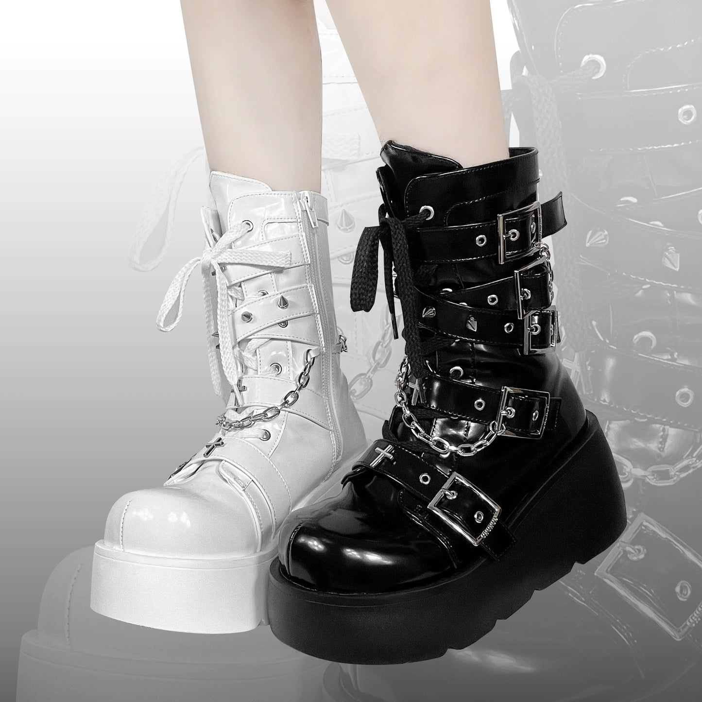 Y2K Spicy Girl Cross Black White Platform Shoes Boots 28962:343872