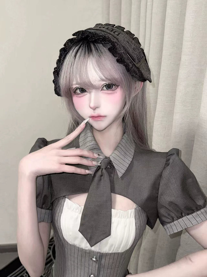 Jirai Kei Gray Striped Dress, Puff Sleeve Bolero 44808:829272