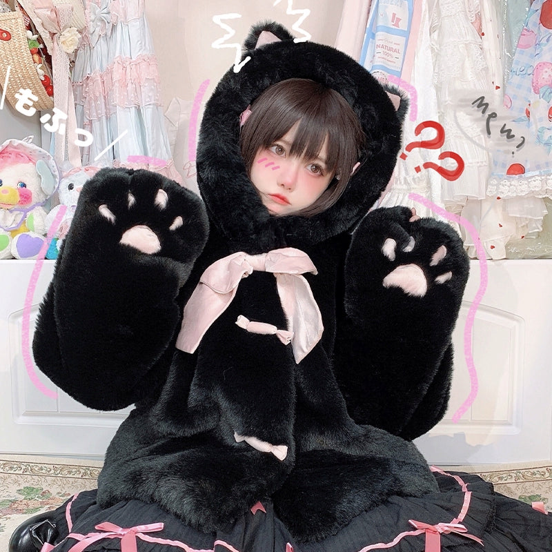 Jirai Kei White Black Plush Coat Lolita Kawaii Cat Fleece Coat (L M) 32404:384844