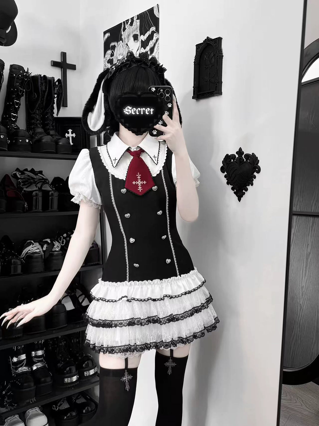 Preppy Style Low-Waist Dress Set, Cross Details 44746:823830