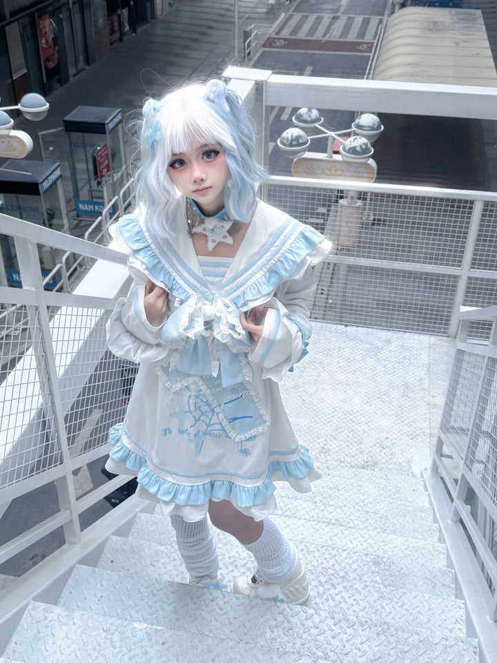 Yami Kawaii Blue White Dress with Sailor Collar & Cross Spiderweb Print 42855:758664