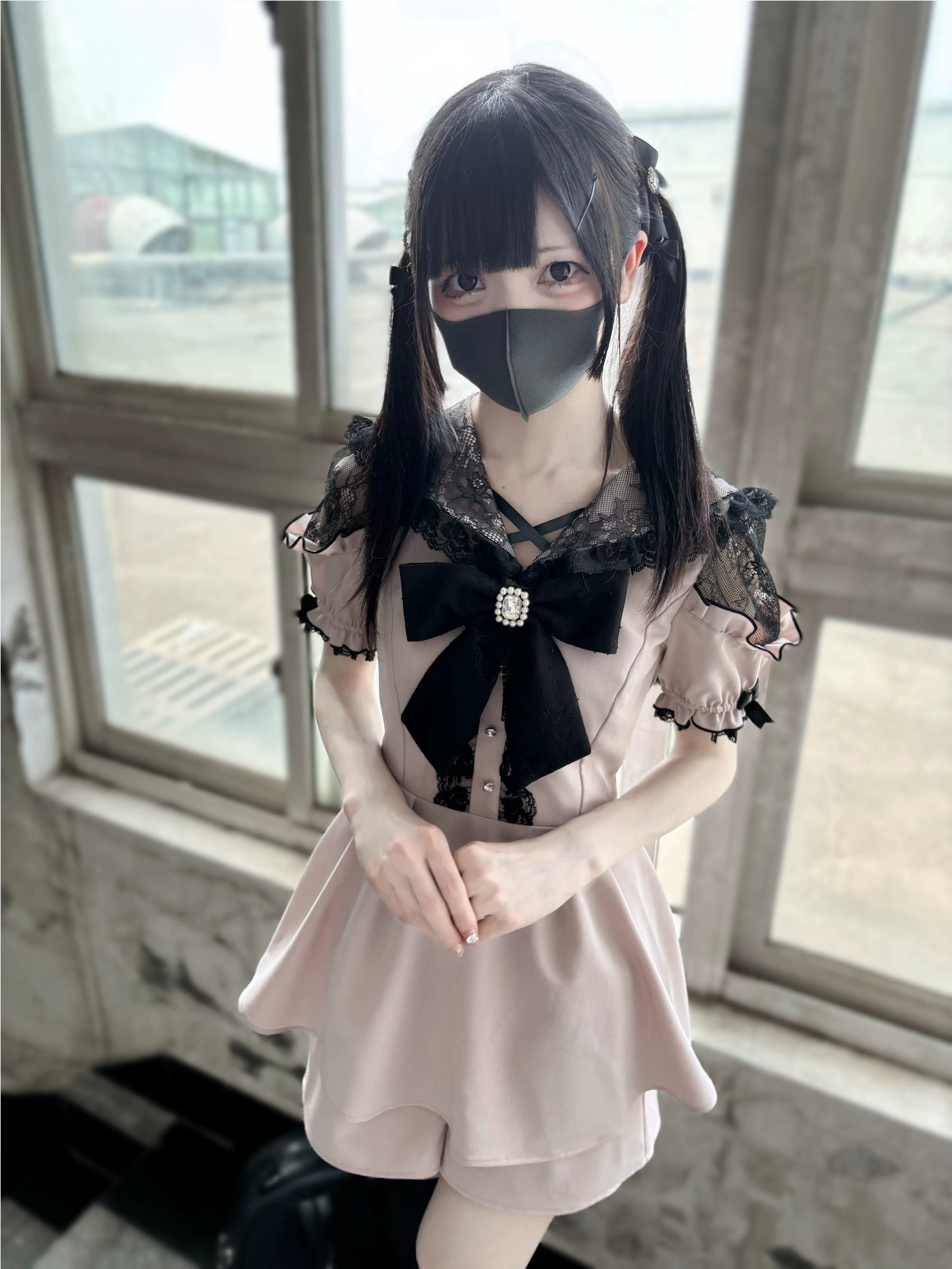 Jirai Kei Dress Set Pink Black Open-Shoulder Winged Collar Dress 37660:578000