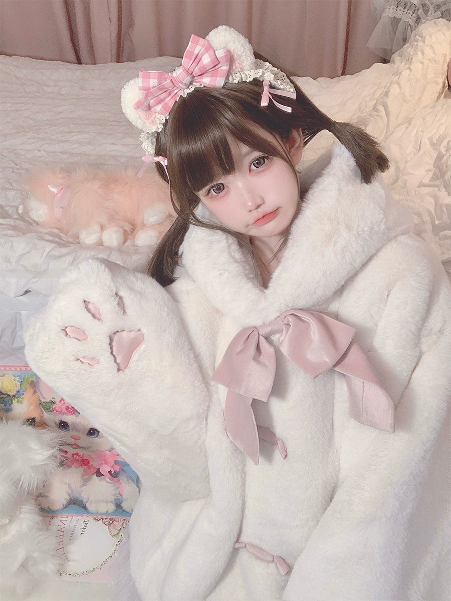 Sweet Lolita Coat Jirai Kei Winter Coat White Black Fleece Coat (L M) 32404:384822