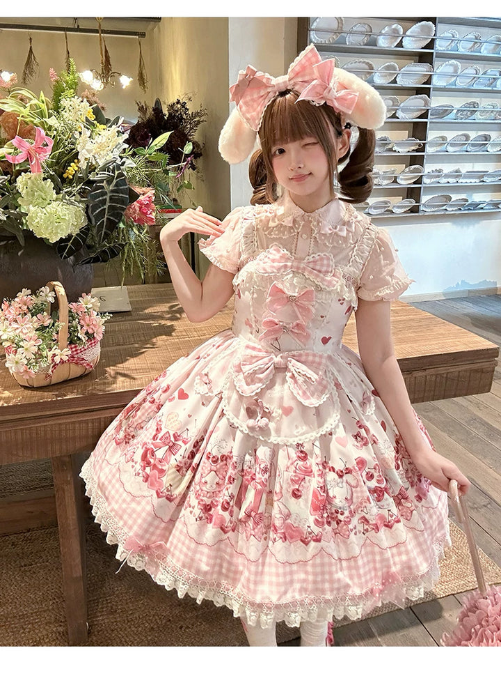 Kawaii Lolita Bunny Print JSK Dress, Detachable Apron 45164:838486