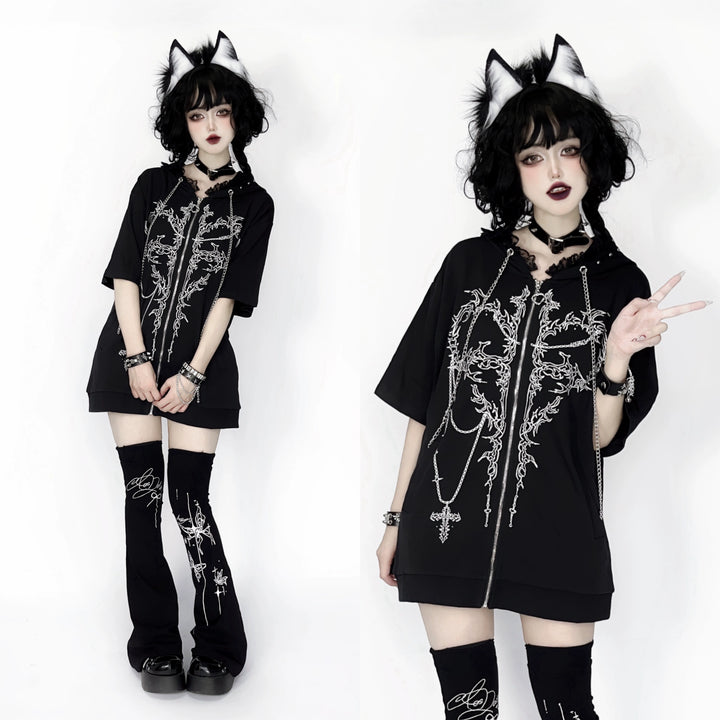 Subculture T-shirt Short Sleeve Top Cat Ear Hooded 39670:636414