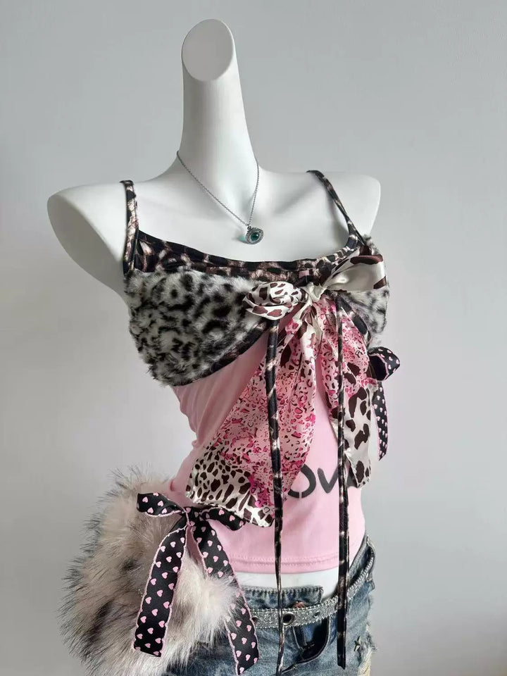 Gyaru Pink Cami Top, Leopard Fluffy Chest 45511:852609