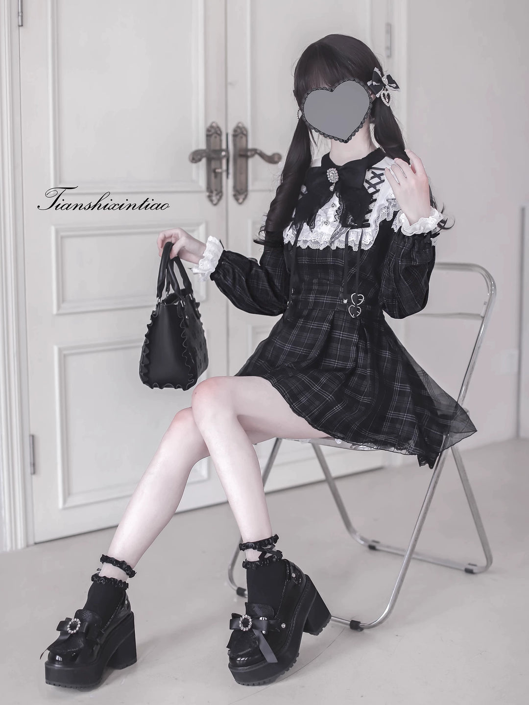 Plaid Jirai Kei Set-Up, Voile Layered Dress 43757:784680