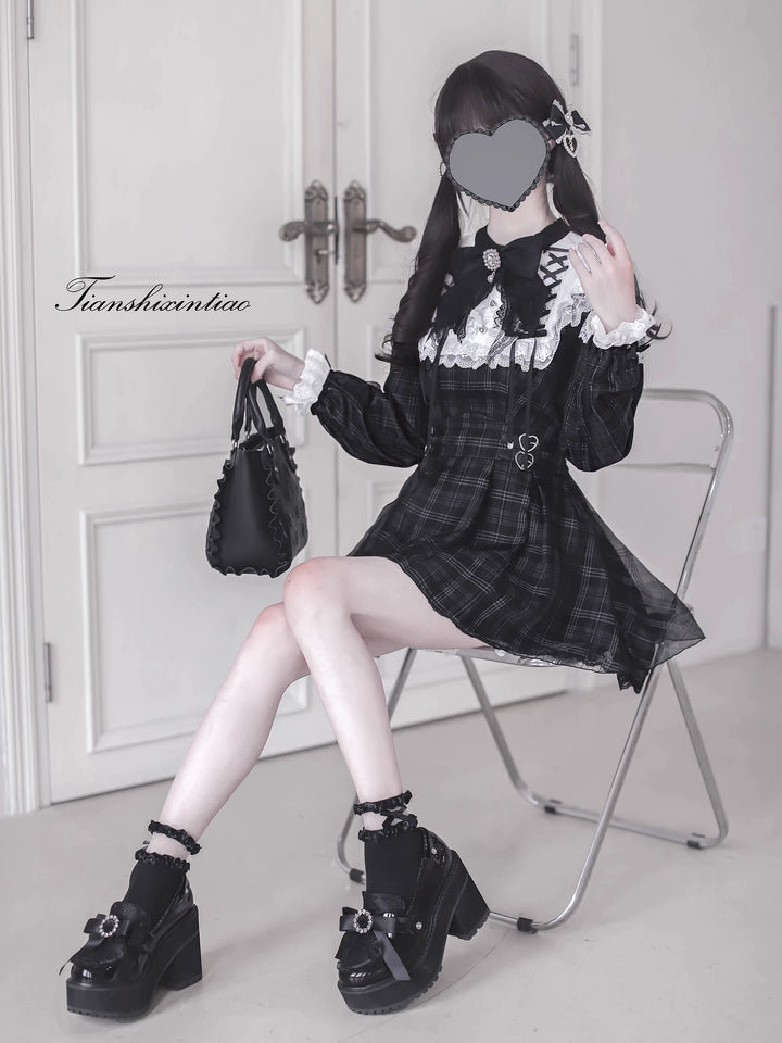 Plaid Jirai Kei Set-Up, Voile Layered Dress 43757:784680