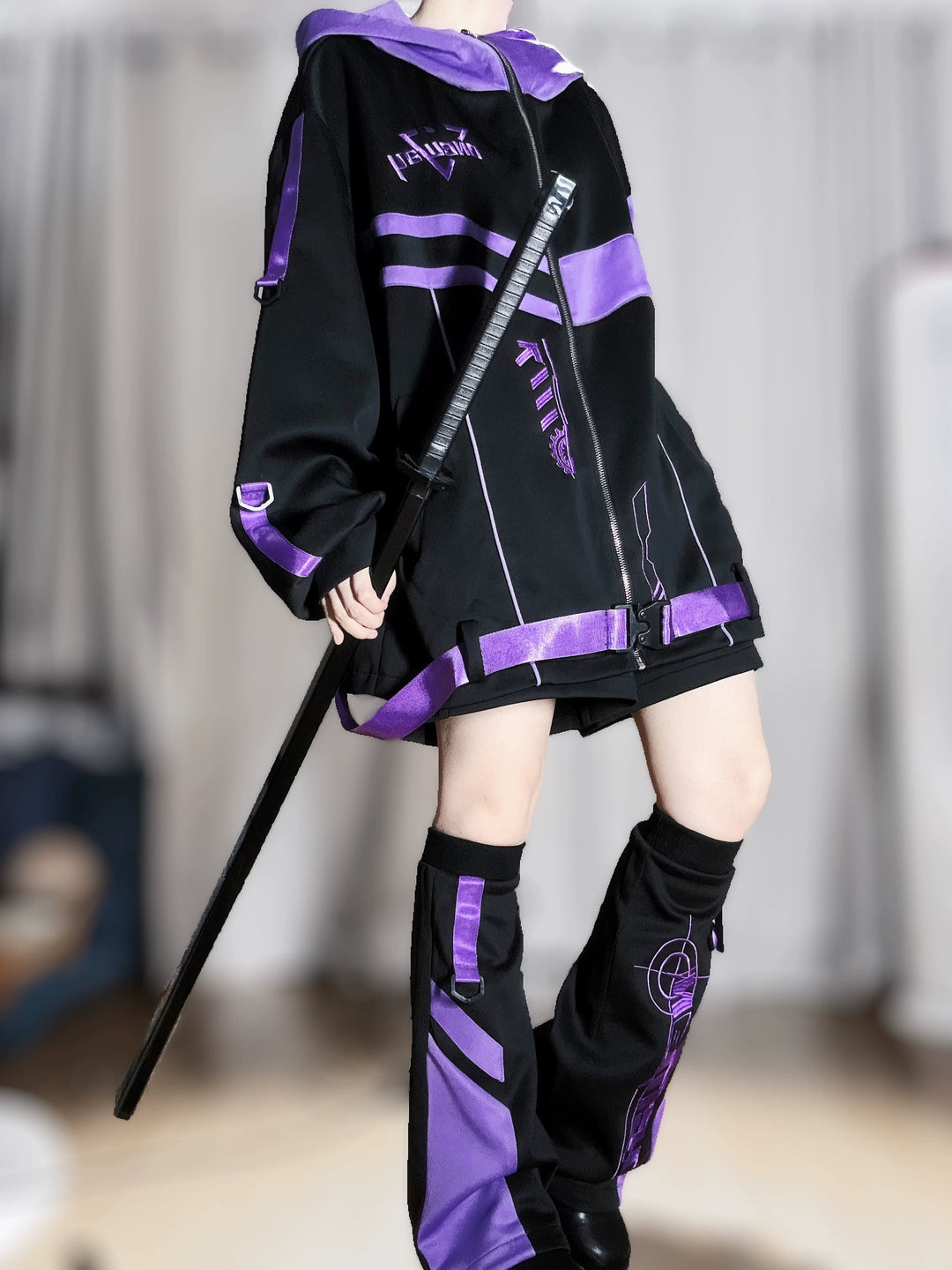 Techwear Hooded Jacket Outfit, Elastic-Waist Shorts 45014:849586