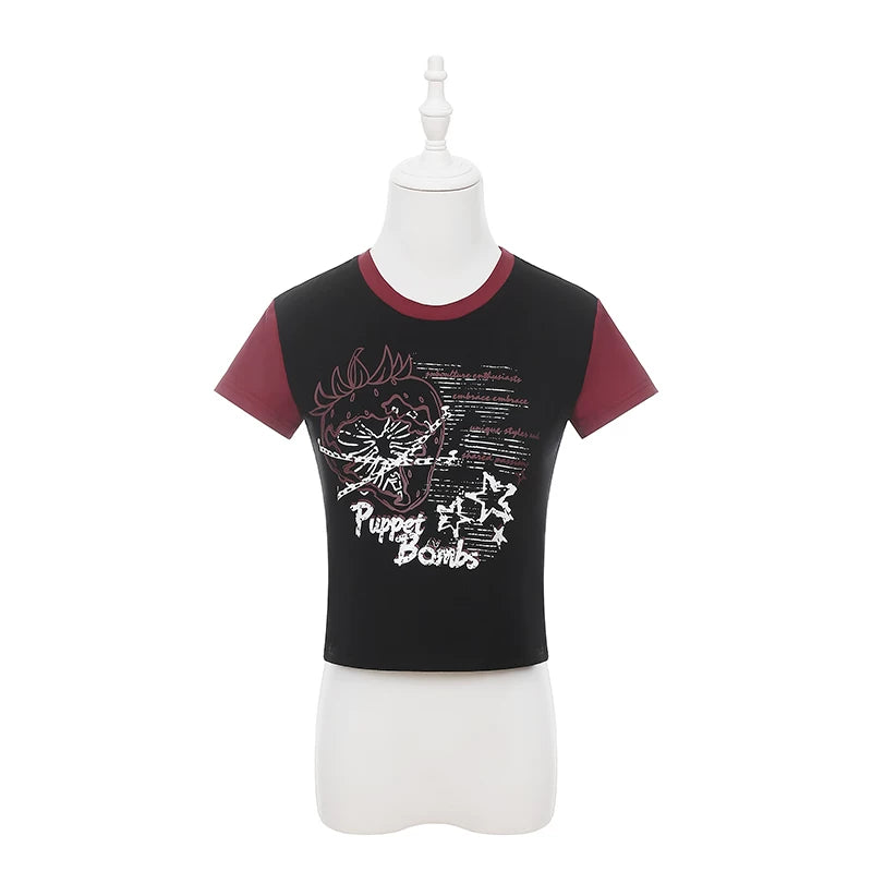 Punk Strawberry and Chain Print T-shirt, Red Plaid Skirt (L M S XL) 45365:851403