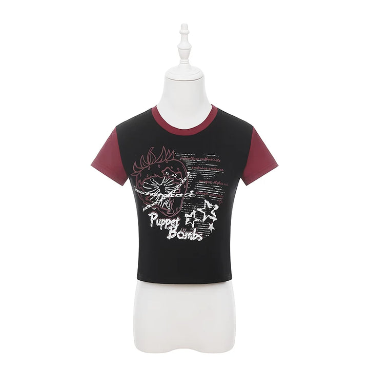 Punk Strawberry and Chain Print T-shirt, Red Plaid Skirt (L M S XL) 45365:851403