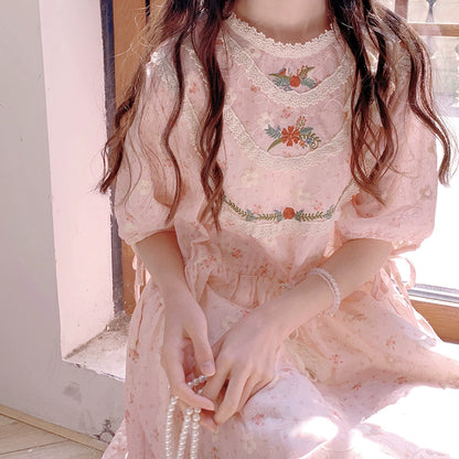 Mori Kei Dress Pink Floral Dress Short Sleeve Dress (Pink / L M S) 36208:523652