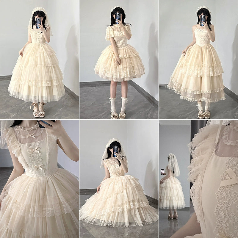 Classic Lolita Dress With Large Flounce Hem And Beige Puff Sleeves Shirt 38068:608658