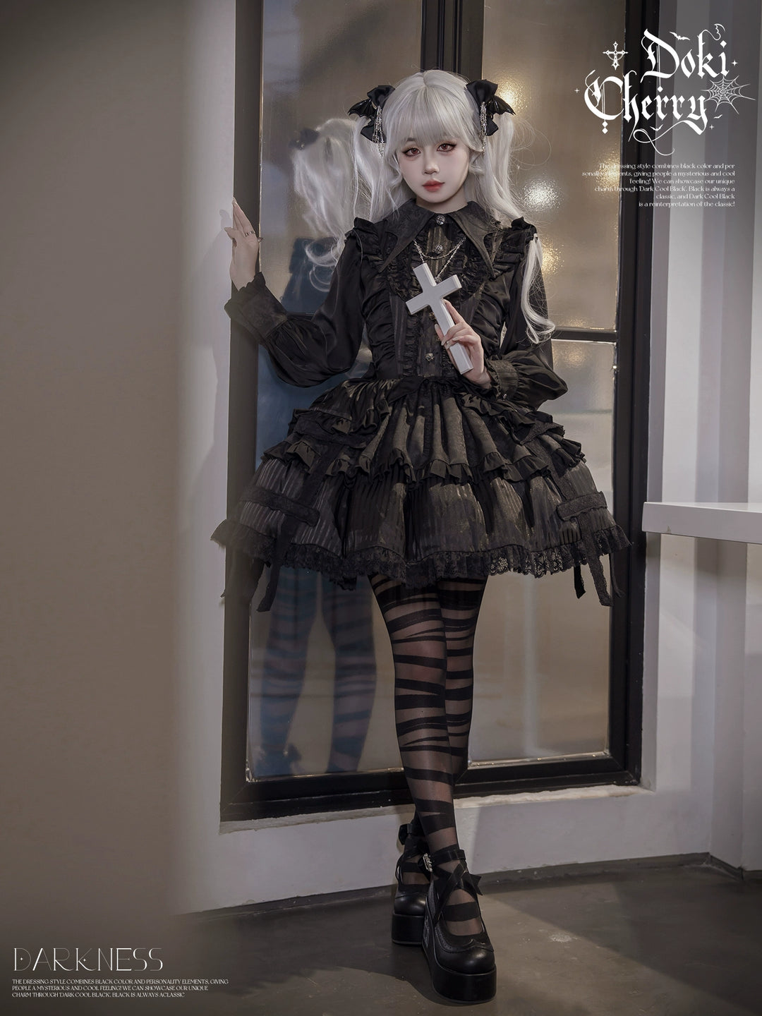 Gothic Lolita Black OP Dress, Bat Wing Collar 44074:795993