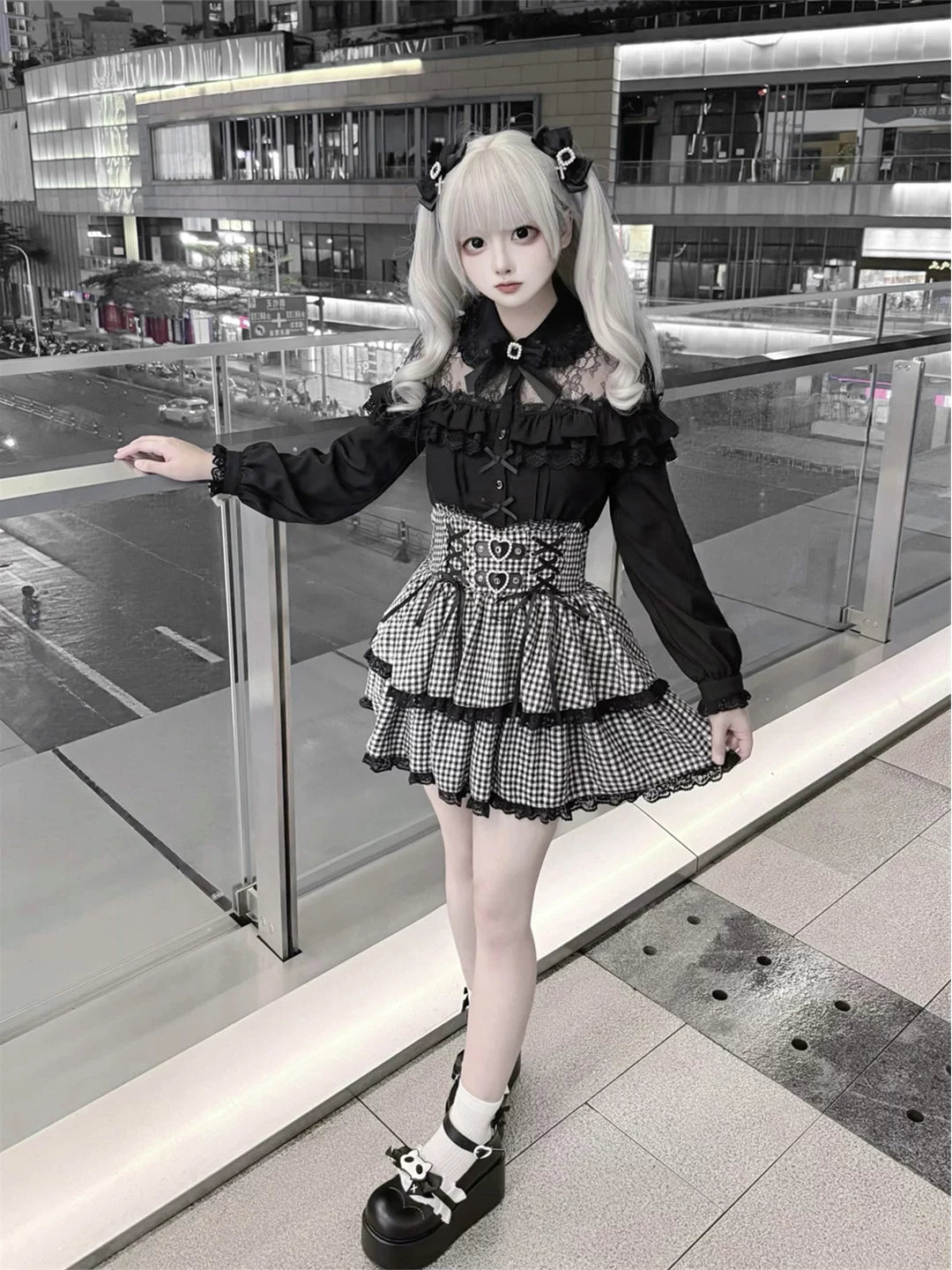 Black Jirai Kei Blouse, Lace Shoulder Design 44679:818770