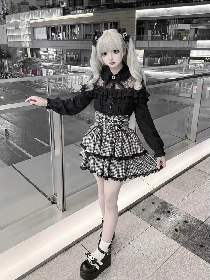 Black Jirai Kei Blouse, Lace Shoulder Design 44679:818770