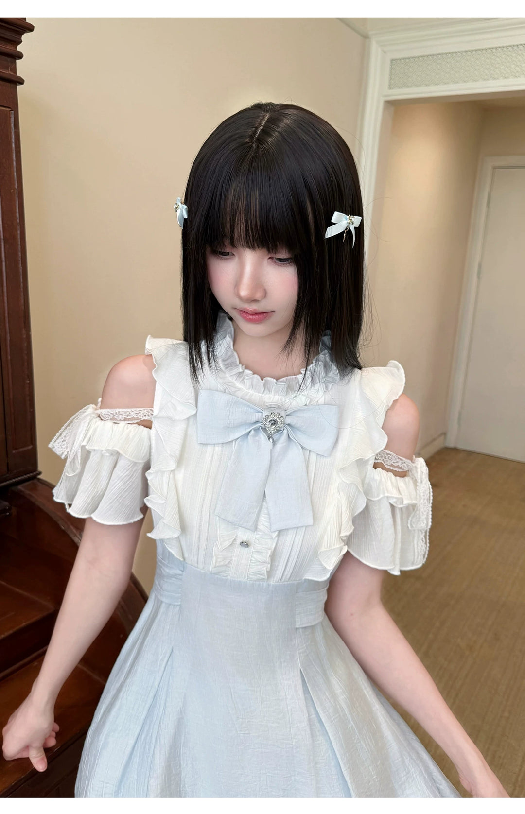 Seiso Kei Open Shoulder Dress, Blue & White Color Spliced 45752:861401