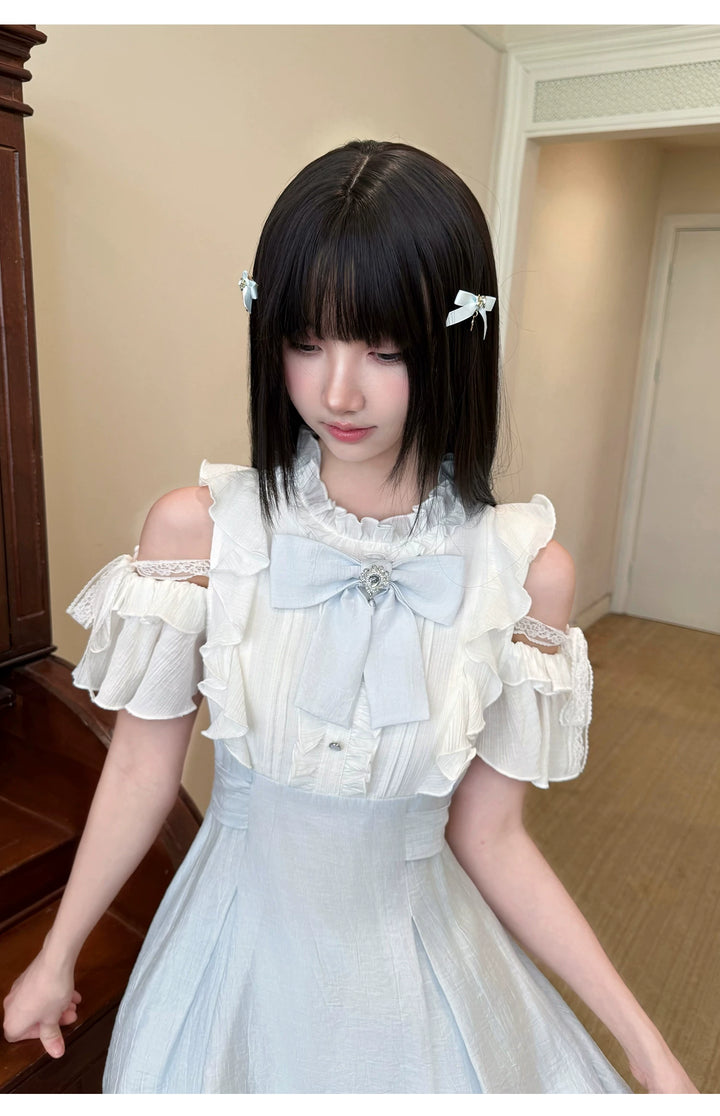 Seiso Kei Open Shoulder Dress, Blue & White Color Spliced 45752:861401