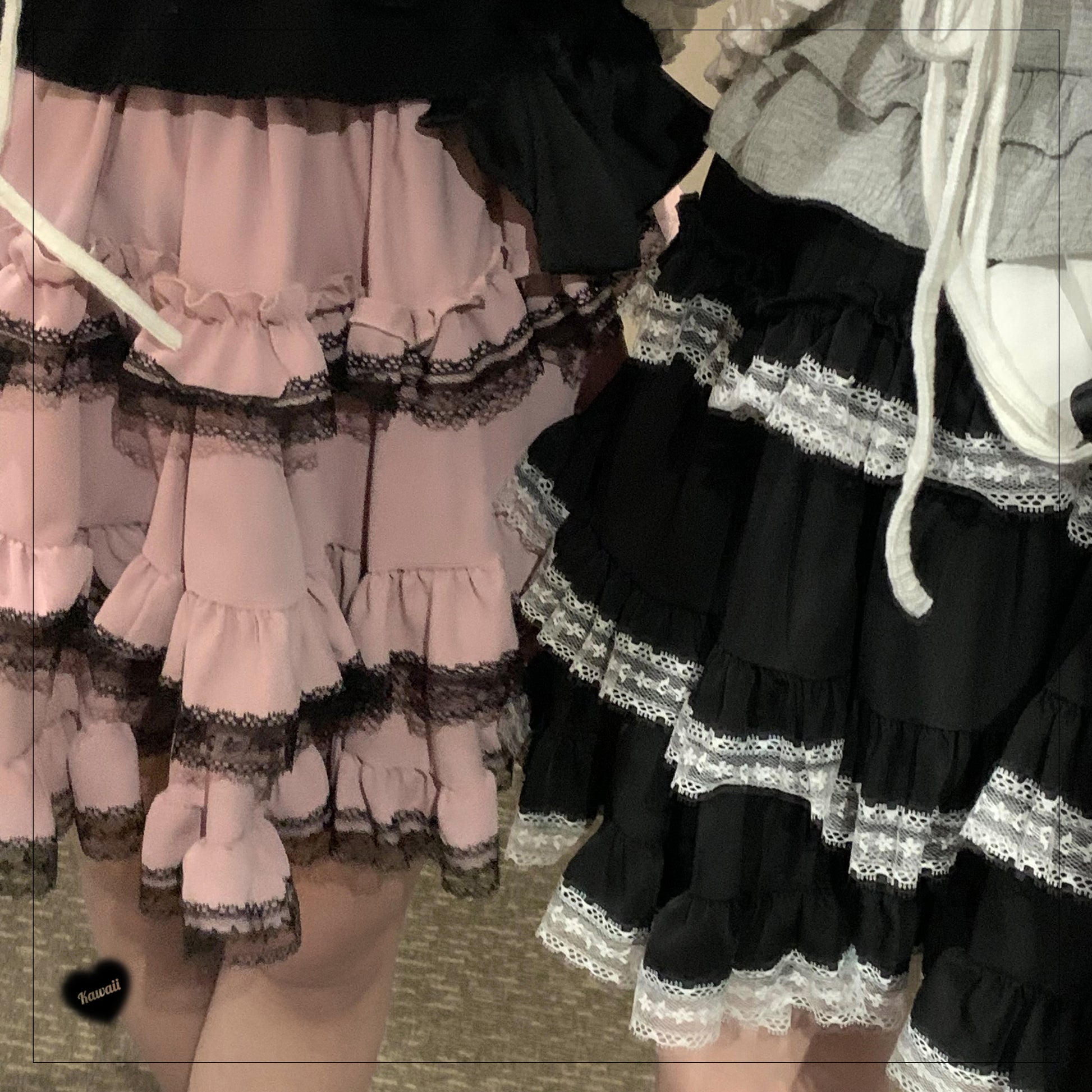 Jirai Kei Black And Pink Tiered Lace Skirt 21798:318514