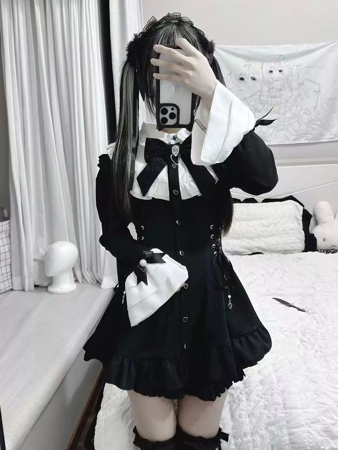Black and White Jirai Kei Dress, Pocketed Shorts Dress + Collar Bow + Shorts / 2XL
