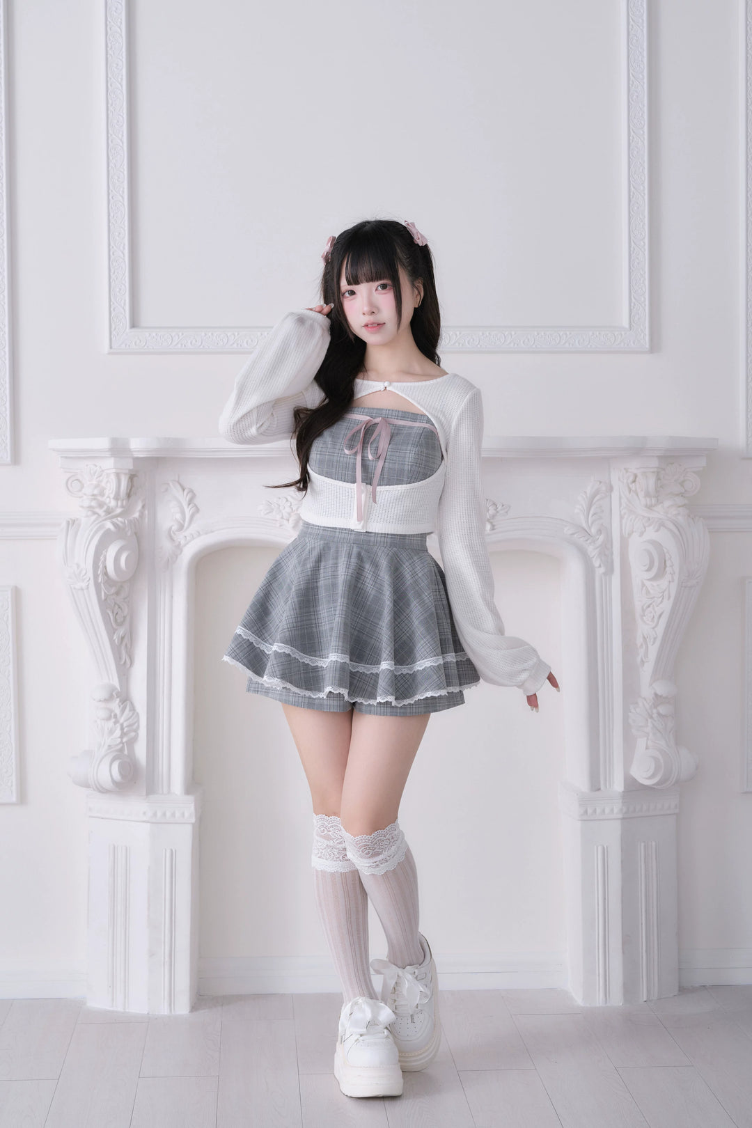 Ryousangata Plaid Dress, Knit Bolero & Elastic Shorts 44815:822699