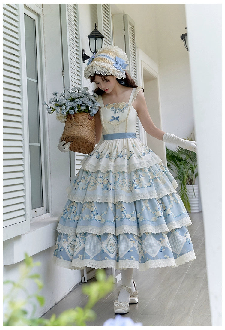 Classic Lolita Dress Twins Cottagecore Embroidery Tiered Dress 39470:641128