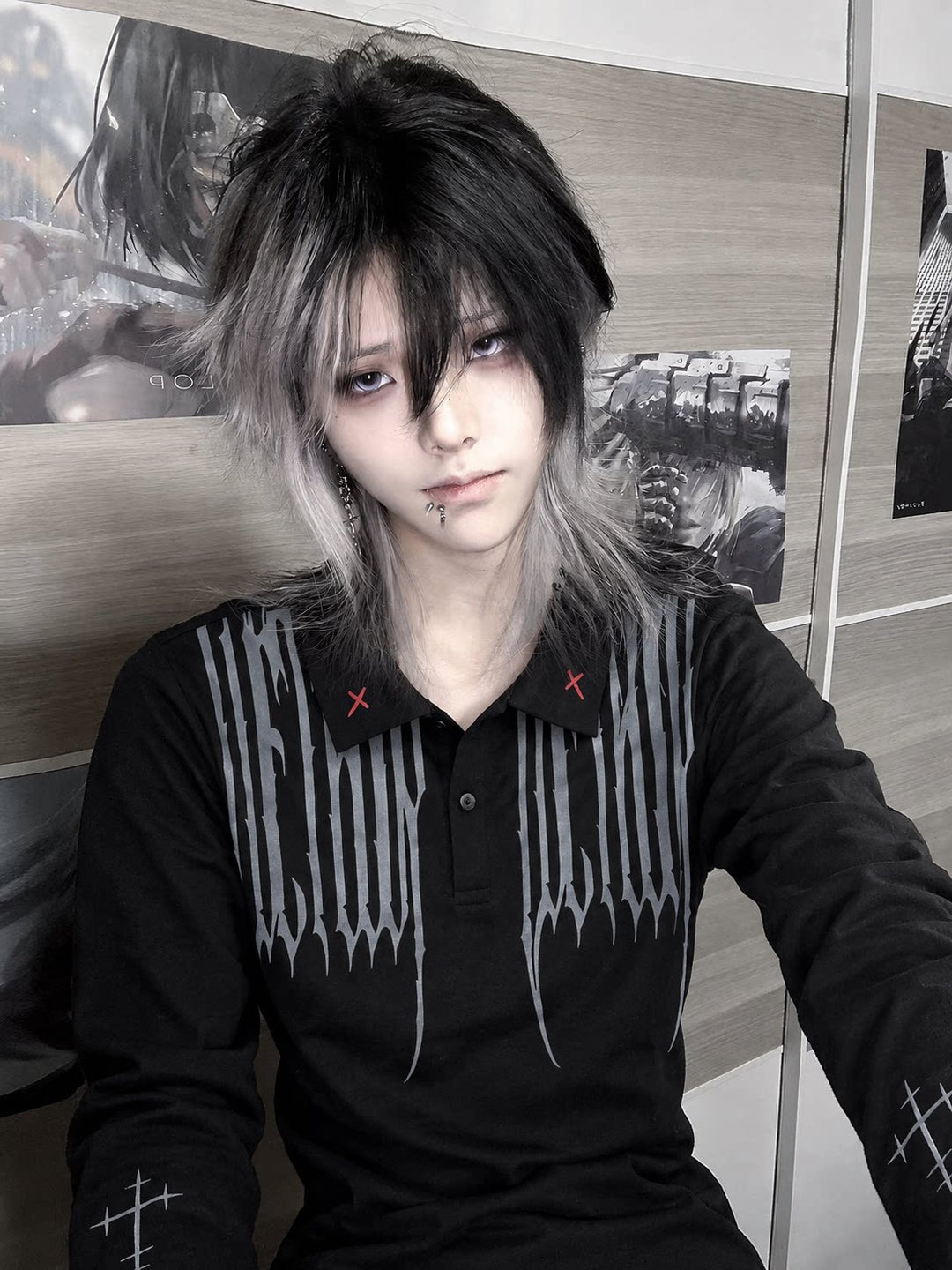 Unisex Gothic Polo Long Sleeve Tee, Red Cross 46068:875079